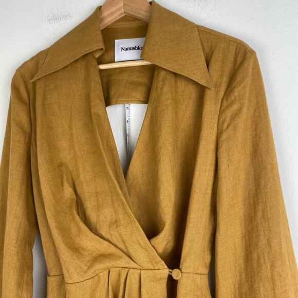 Nanushka Esma Linen Mini Dress Size XS Camel Long Sleeve Quiet Luxury Neutral - Picture 9 of 13